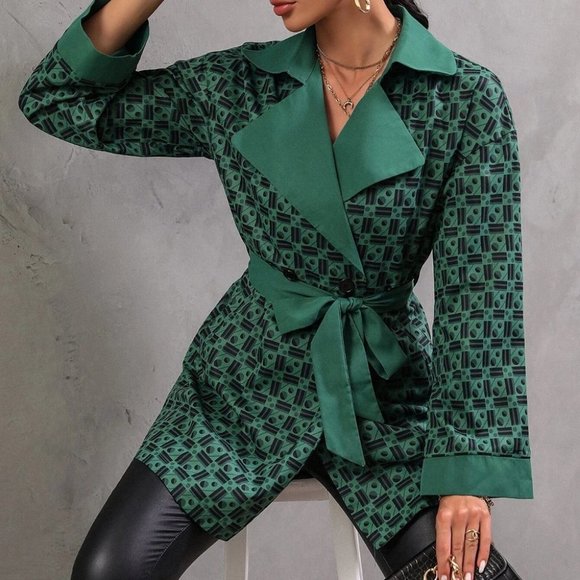 contemporary geo print green black belted mini trench coat minimalist - Picture 7 of 7
